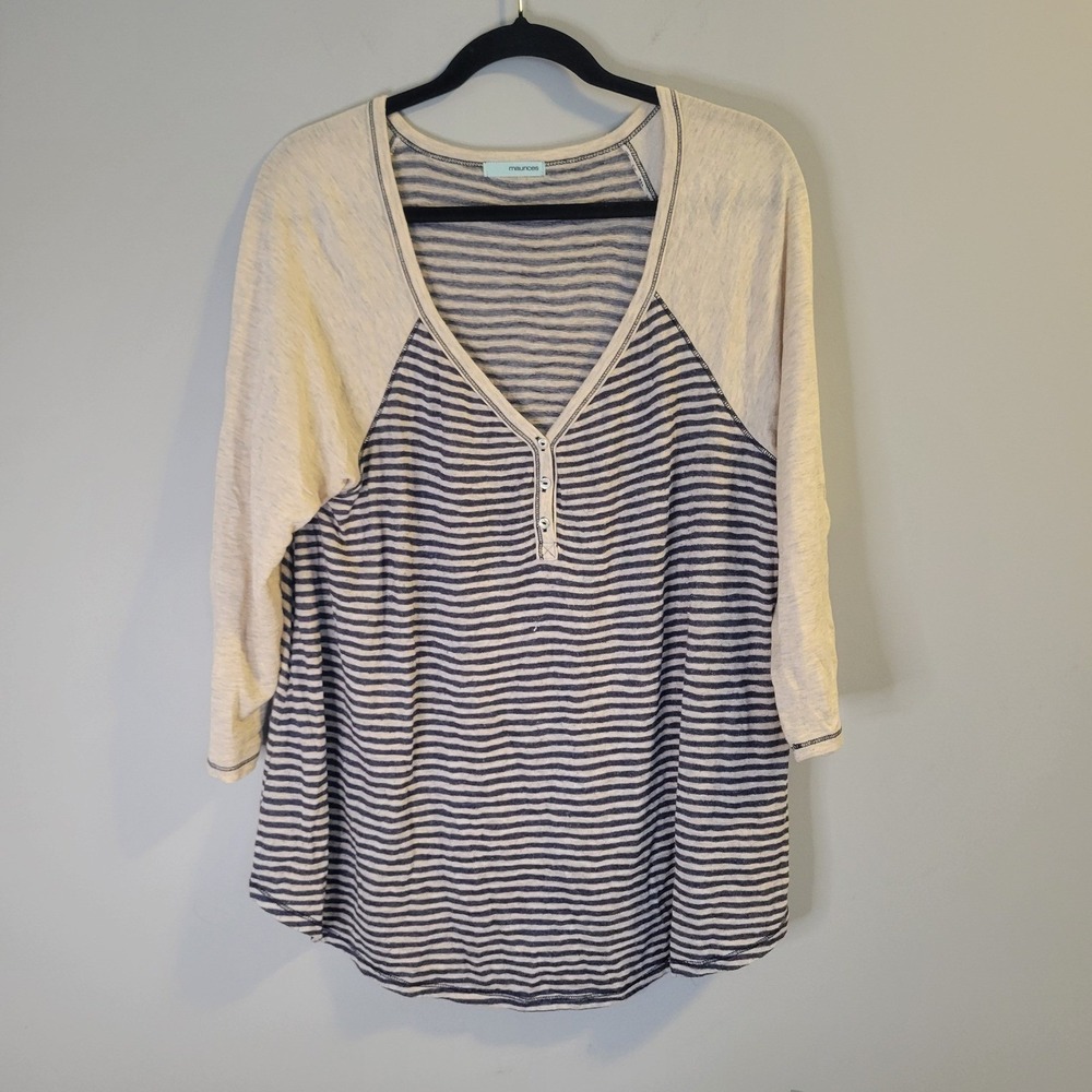 Maurices Womens Blue White Striped Henley Raglan Top 3/4 Sleeve V-Neck Size L